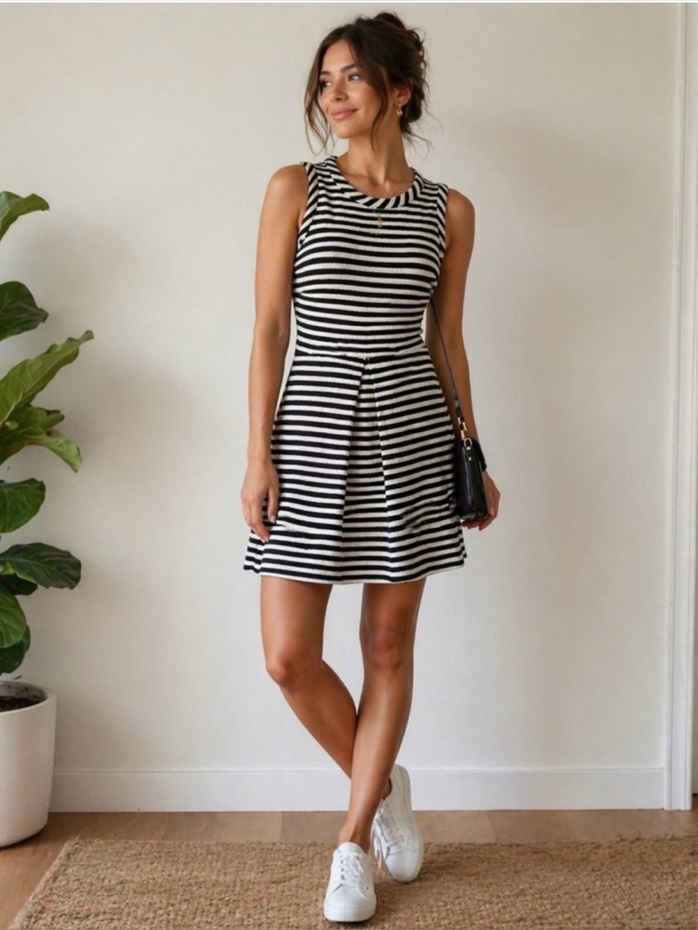 Madewell Black White Striped Knit Dress Size Large Sleeveless 100% Cotton